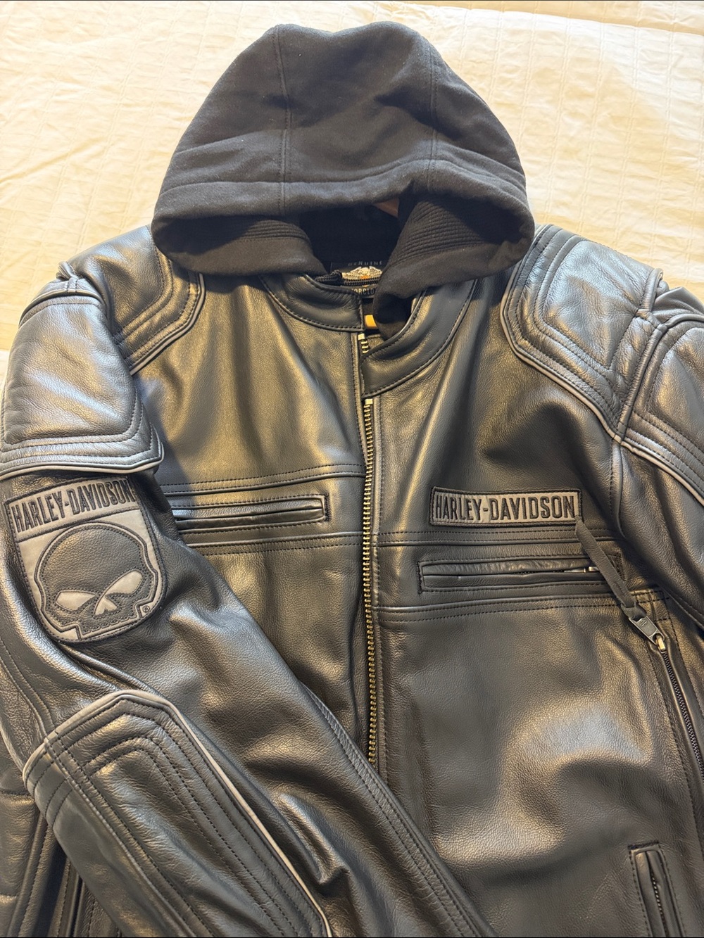 Harley-Davidson Black Leather Hooded Moto Jacket with Skull Patch